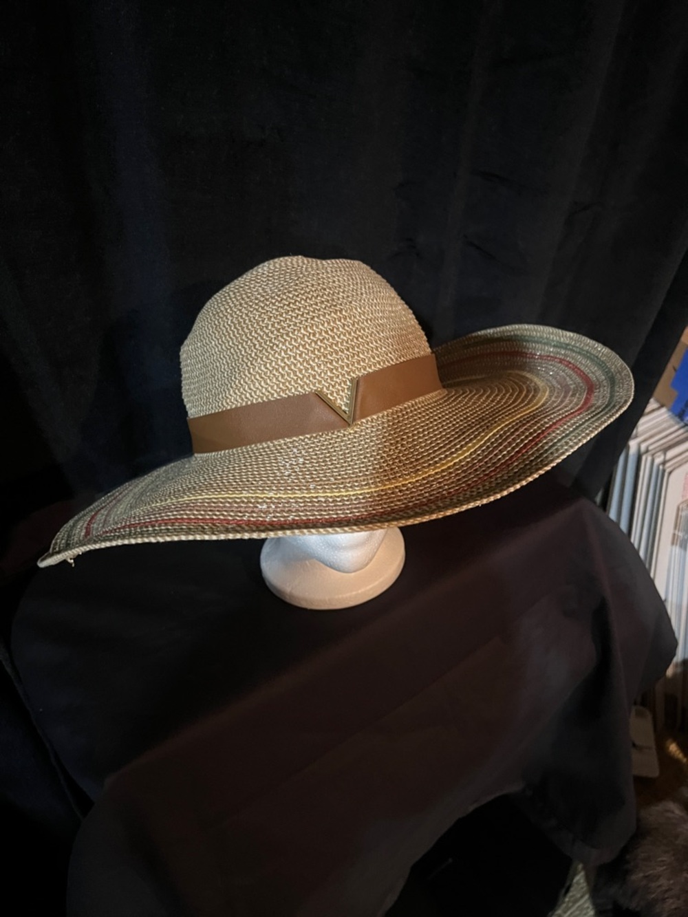 Vince Camuto Straw Sun Hat with V Accent - Natural/Tan/Multicolor Brim